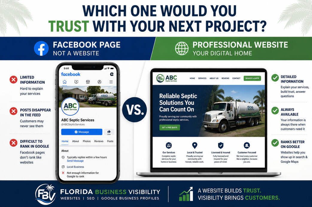 Side-by-side comparison showing why a professional website generates more trust and search visibility than a Facebook business page alone.